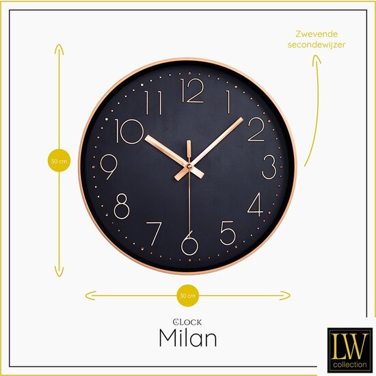 LW collection LW Collection rosé gouden luxe wandklok 30cm - muurklok - klok rond roségoud en zwart - keukenklok
