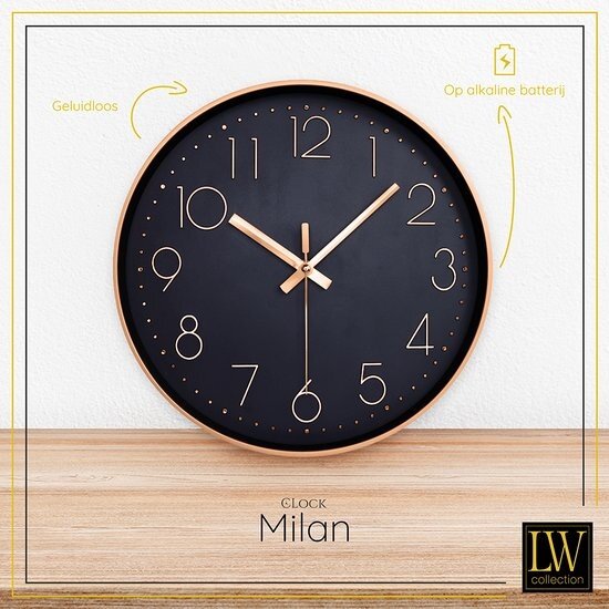LW collection LW Collection keukenklok rosé en zwart 30cm - stille klok - wandklok rosé zwart - kleine klok - muurklok