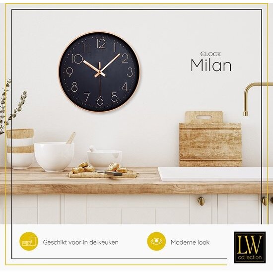 LW collection LW Collection keukenklok rosé en zwart 30cm - stille klok - wandklok rosé zwart - kleine klok - muurklok