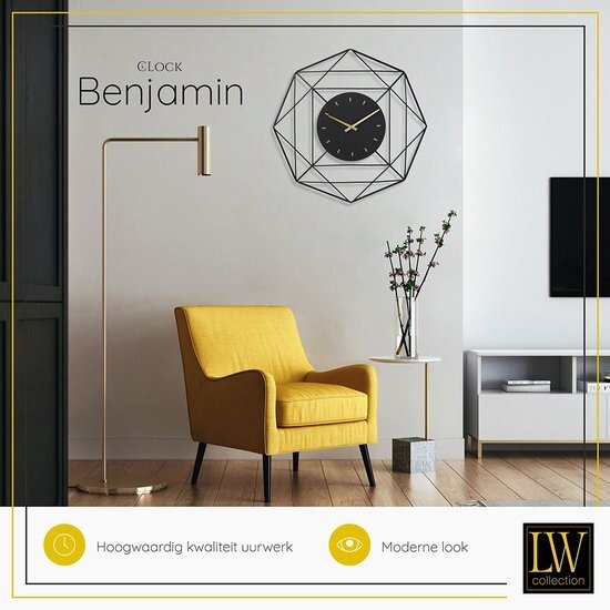 LW collection LW Collection wandklok Benjamin zwart 60cm - Industriële klok metaal stil uurwerk - Grote moderne zwarte wandklok - Industrieel