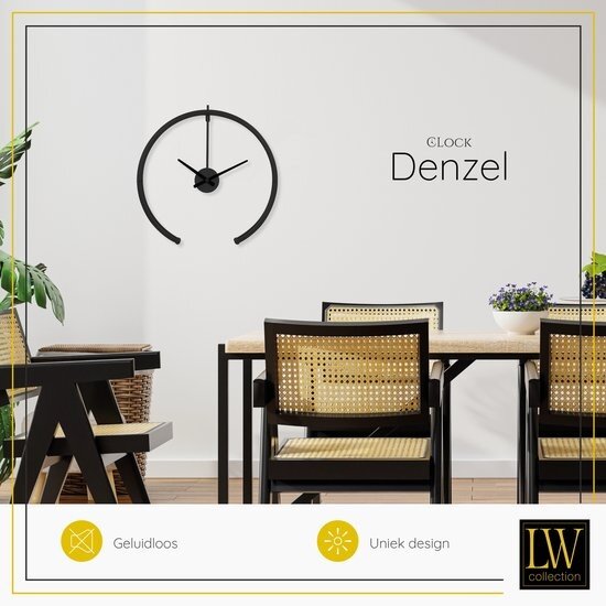 LW collection LW Collection Moderne zwarte wandklok 52cm - Grote industriële muurklok zwart stil uurwerk - Minimalistische zwarte ronde moderne klok