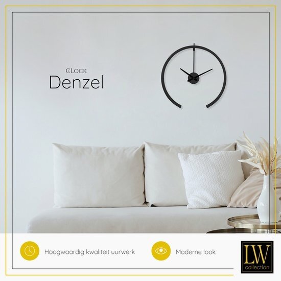 LW collection LW Collection Moderne zwarte wandklok 52cm - Grote industriële muurklok zwart stil uurwerk - Minimalistische zwarte ronde moderne klok