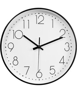 LW Collection wit zwarte keukenklok 30cm - kleine muurklok - klok rond wit en zwart - wandklok zwart - kleine klok