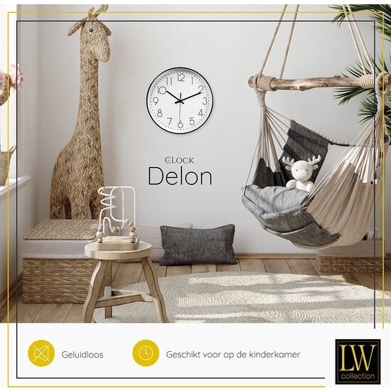 LW collection LW Collection wit zwarte keukenklok 30cm - kleine muurklok - klok rond wit en zwart - wandklok zwart - kleine klok