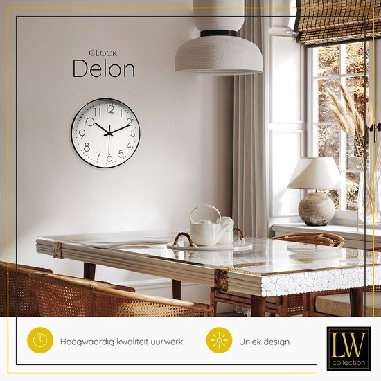 LW collection LW Collection wit zwarte keukenklok 30cm - kleine muurklok - klok rond wit en zwart - wandklok zwart - kleine klok