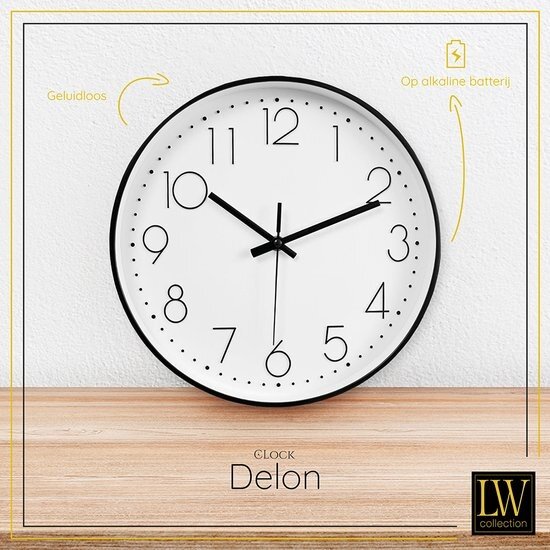 LW collection LW Collection wit zwarte keukenklok 30cm - kleine muurklok - klok rond wit en zwart - wandklok zwart - kleine klok