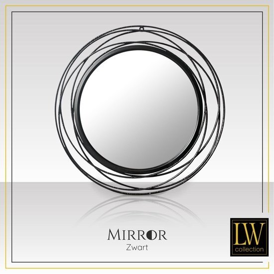 LW collection LW Collection wandspiegel zwart rond 60x60 cm metaal - grote spiegel muur - industrieel - woonkamer gang - badkamerspiegel - muurspiegel slaapkamer zwarte rand - hangspiegel met luxe design