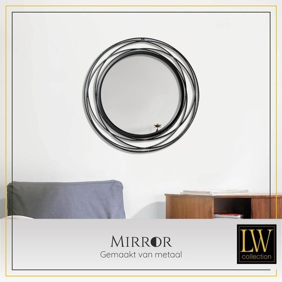 LW collection LW Collection wandspiegel zwart rond 60x60 cm metaal - grote spiegel muur - industrieel - woonkamer gang - badkamerspiegel - muurspiegel slaapkamer zwarte rand - hangspiegel met luxe design