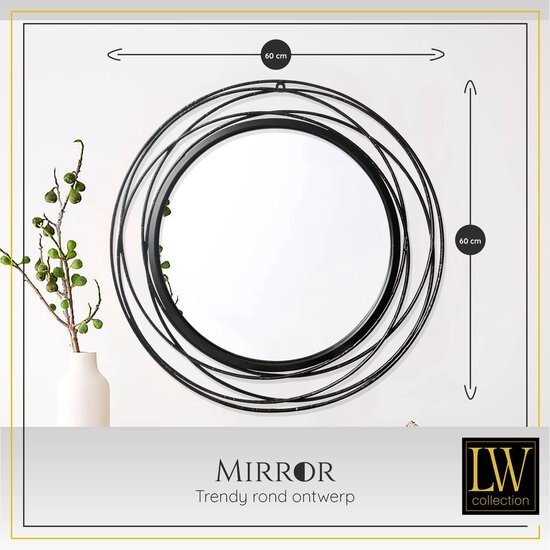 LW collection LW Collection wandspiegel zwart rond 60x60 cm metaal - grote spiegel muur - industrieel - woonkamer gang - badkamerspiegel - muurspiegel slaapkamer zwarte rand - hangspiegel met luxe design