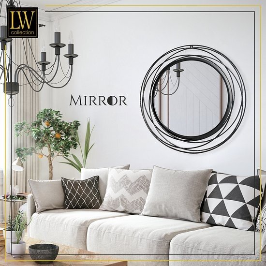 LW collection LW Collection wandspiegel zwart rond 60x60 cm metaal - grote spiegel muur - industrieel - woonkamer gang - badkamerspiegel - muurspiegel slaapkamer zwarte rand - hangspiegel met luxe design