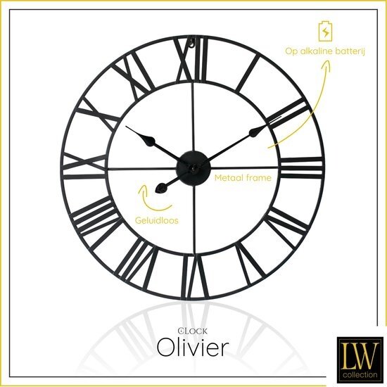 LW collection Stijlvolle LW Collection Moderne Klok Zwart Rond Metaal 60cm griekse cijfers / Moderne Zwarte Klok Griekse Cijfers / Zwarte ronde Klok / Ronde Zwarte Muur Klok / Wandklok Zwart
