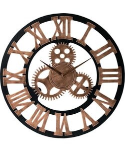 *Limited Edition* Retro Moderne Klok 60CM Rond Hout Brons met Wielen LW Collection / Ronde Muurklok Retro / Wandklok met wielen / Zwart brons Goud Retro Klok / Muurklok met wielen Brons