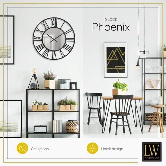 LW collection LW Collection Wandklok zwart spiegelklok 60cm - Industriële zwarte wandklok met spiegel - Grote moderne wandklok zwart - Stil uurwerk spiegel klok