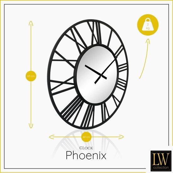 LW collection LW Collection Wandklok zwart spiegelklok 60cm - Industriële zwarte wandklok met spiegel - Grote moderne wandklok zwart - Stil uurwerk spiegel klok