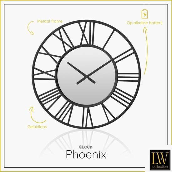 LW collection LW Collection Wandklok zwart spiegelklok 60cm - Industriële zwarte wandklok met spiegel - Grote moderne wandklok zwart - Stil uurwerk spiegel klok