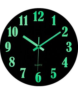 LW Collection wandklok glow in the dark 30cm - keukenklok bruin - wandklok zichtbaar in donker - klok lichtgevend - stille klok