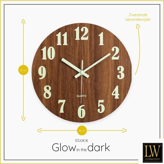 LW collection LW Collection wandklok glow in the dark 30cm - keukenklok bruin - wandklok zichtbaar in donker - klok lichtgevend - stille klok