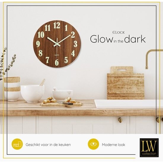 LW collection LW Collection wandklok glow in the dark 30cm - keukenklok bruin - wandklok zichtbaar in donker - klok lichtgevend - stille klok
