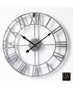 Stijlvolle LW Collection Moderne Klok Zilver Grijs Rond Metaal 40cm griekse cijfers / Moderne Grijze Zilveren Klok Griekse Cijfers / Zilveren Grijze ronde Klok / Ronde Grijze Muur Klok
