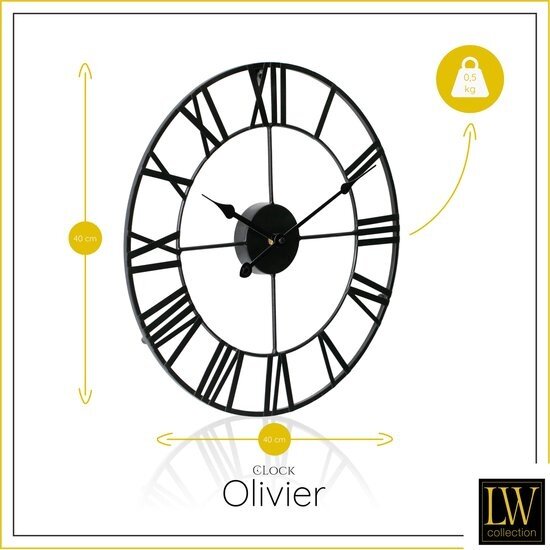 LW collection Stijlvolle LW Collection 40CM Moderne Klok Zwart Rond Metaal griekse cijfers / Moderne Zwarte Klok Griekse Cijfers / Zwarte ronde Klok / Ronde Zwarte Muur Klok / Wandklok Zwart