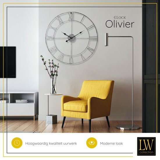 LW collection LW Collection XL grote wandklok zilver 80cm - Moderne zilveren Klok romeinse Cijfers - Zilverkleurige industriële klok - Stil uurwerk industrieel