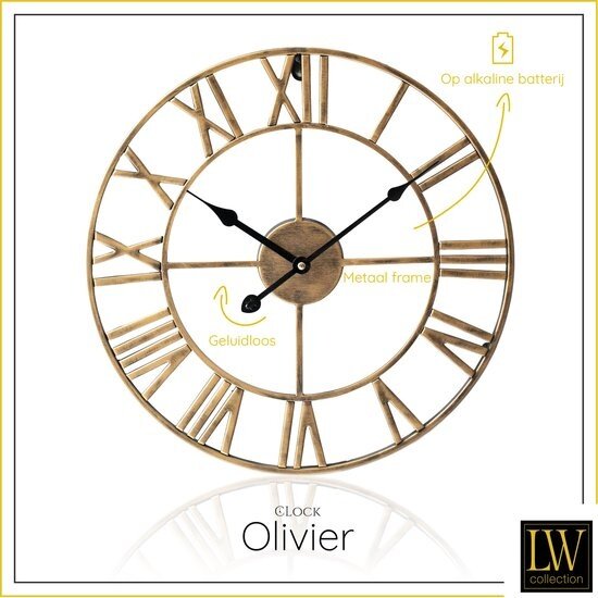 LW collection LW Collection grote wandklok goud 60cm romeinse cijfers - Industrieel Klok Griekse Cijfers - Moderne wandklok - Stil uurwerk