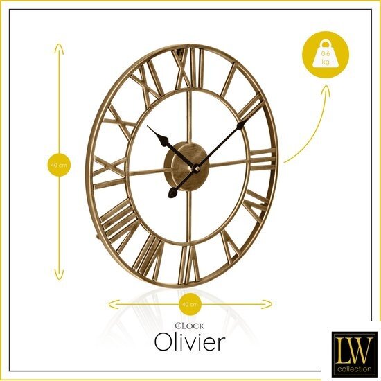 LW collection LW Collection grote wandklok goud 60cm romeinse cijfers - Industrieel Klok Griekse Cijfers - Moderne wandklok - Stil uurwerk