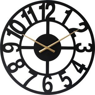 LW Collection XL Jannah moderne wandklok zwart met gouden wijzers 80cm - Grote industriële muurklok metaal - Zwarte klok industrieel
