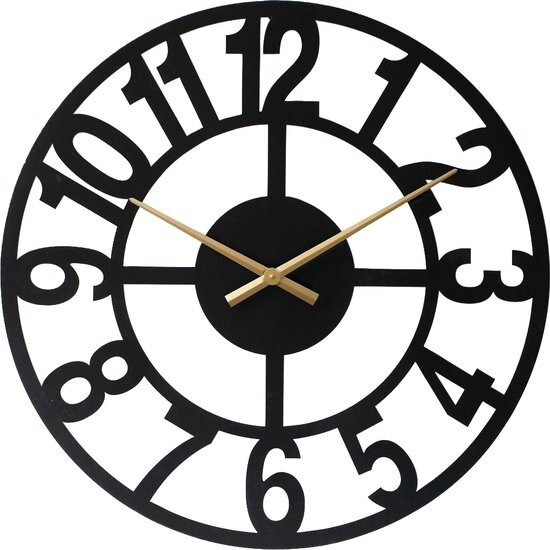 LW collection LW Collection XL Jannah moderne wandklok zwart met gouden wijzers 80cm - Grote industriële muurklok metaal - Zwarte klok industrieel
