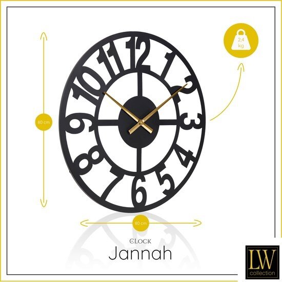LW collection LW Collection XL Jannah moderne wandklok zwart met gouden wijzers 80cm - Grote industriële muurklok metaal - Zwarte klok industrieel
