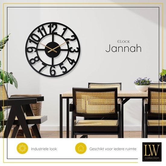 LW collection LW Collection XL Jannah moderne wandklok zwart met gouden wijzers 80cm - Grote industriële muurklok metaal - Zwarte klok industrieel