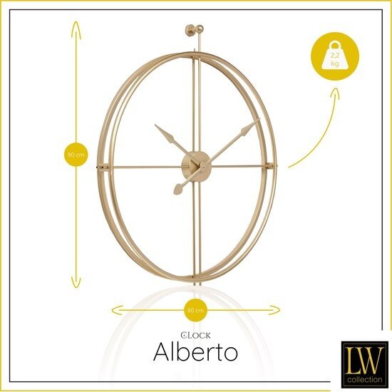 LW collection LW Collection XL Wandklok Goud Alberto 80cm - Grote wandklok Goud - minimalistische industriële klok