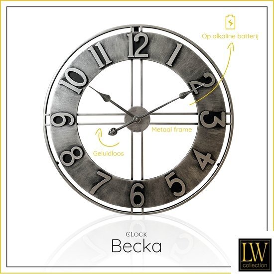 LW collection LW Collection wandklok Becka grijs zilver 60cm - grote industriële klok stil uurwerk - Moderne grijze wandklok - Industrieel - Vintage