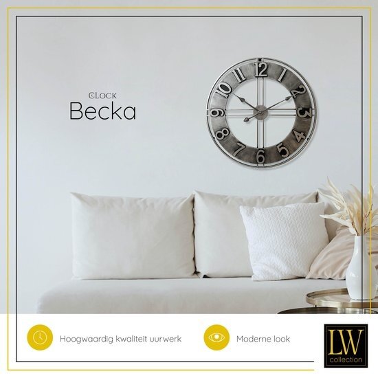 LW collection LW Collection wandklok Becka grijs zilver 60cm - grote industriële klok stil uurwerk - Moderne grijze wandklok - Industrieel - Vintage