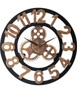LW Collection wandklok brons 80cm - Grote moderne houten klok brons met tandwielen - Industriële wandklok - Landelijke wandklok stil uurwerk