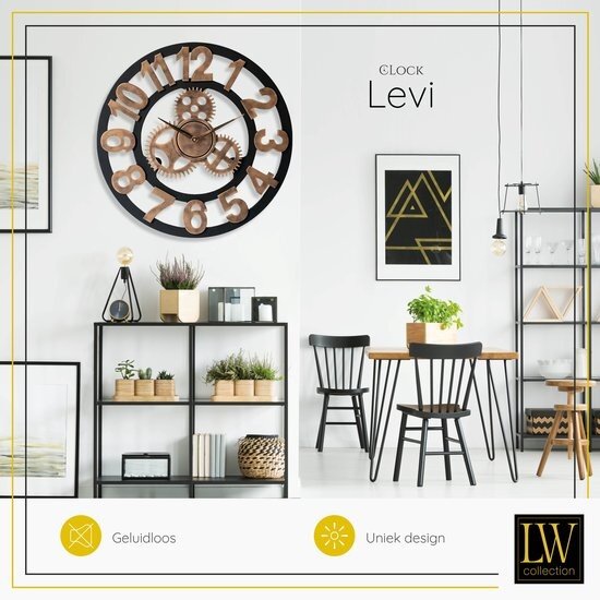 LW collection LW Collection wandklok brons 80cm - Grote moderne houten klok brons met tandwielen - Industriële wandklok - Landelijke wandklok stil uurwerk