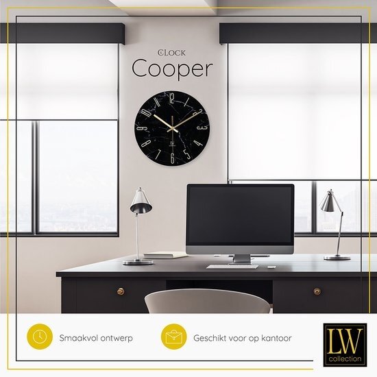 LW collection LW Collection wandklok glas marmer zwart goud 30cm - kleine klok - stille wandklok - keukenklok stil uurwerk - design klok