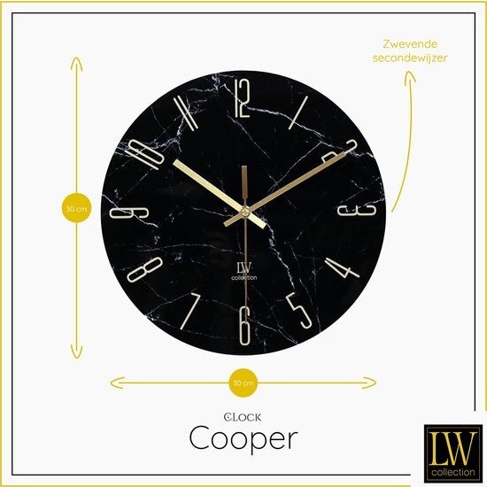 LW collection LW Collection wandklok glas marmer zwart goud 30cm - kleine klok - stille wandklok - keukenklok stil uurwerk - design klok