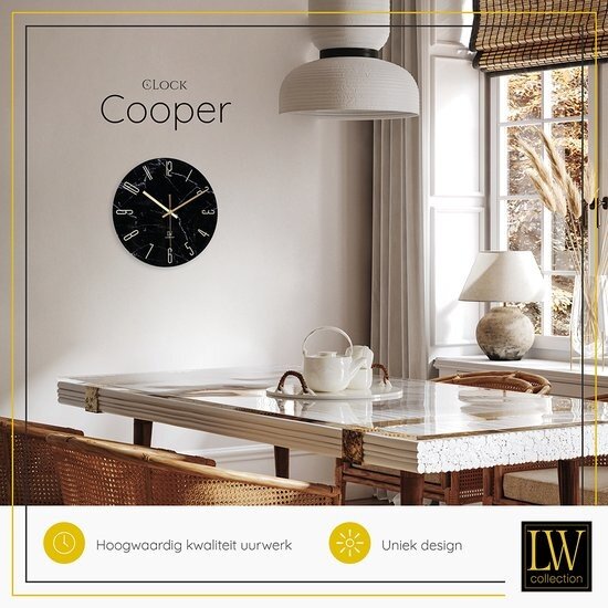 LW collection LW Collection wandklok glas marmer zwart goud 30cm - kleine klok - stille wandklok - keukenklok stil uurwerk - design klok
