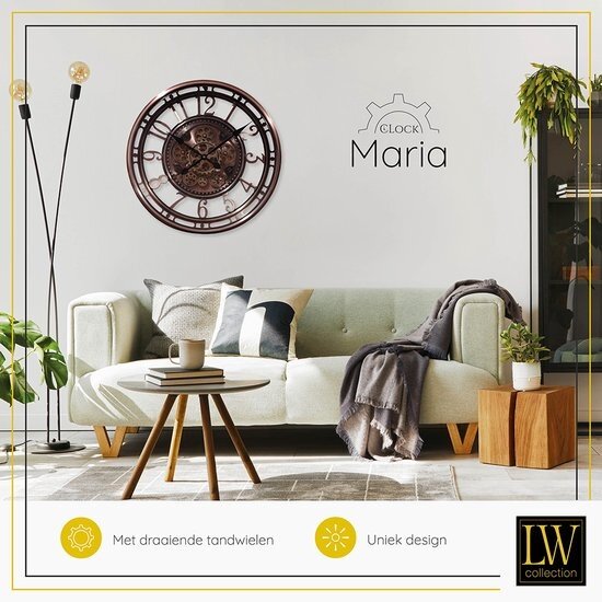 LW collection LW Collection wandklok met draaiende tandwielen Brons 54cm - Radar klok Brons met glasplaat - wandklok met bewegende wandwielen