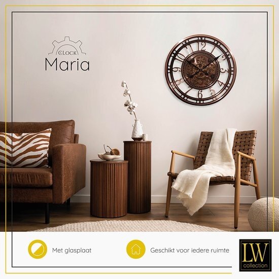 LW collection LW Collection wandklok met draaiende tandwielen Brons 54cm - Radar klok Brons met glasplaat - wandklok met bewegende wandwielen