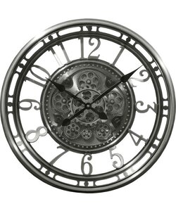 LW Collection wandklok zilver met draaiende tandwielen 54cm - Radar klok zilver met glasplaat - wandklok met bewegende wandwielen