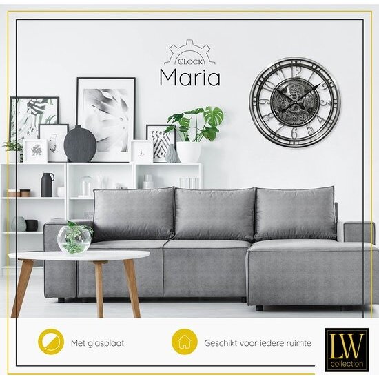 LW collection LW Collection wandklok zilver met draaiende tandwielen 54cm - Radar klok zilver met glasplaat - wandklok met bewegende wandwielen