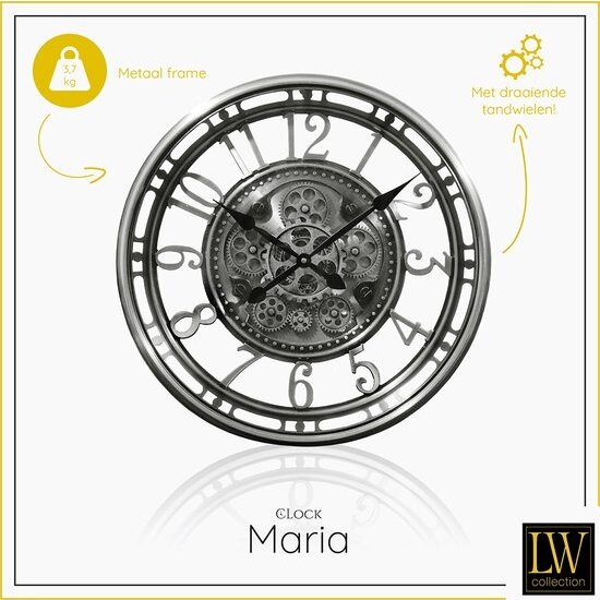 LW collection LW Collection wandklok zilver met draaiende tandwielen 54cm - Radar klok zilver met glasplaat - wandklok met bewegende wandwielen