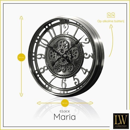 LW collection LW Collection wandklok zilver met draaiende tandwielen 54cm - Radar klok zilver met glasplaat - wandklok met bewegende wandwielen