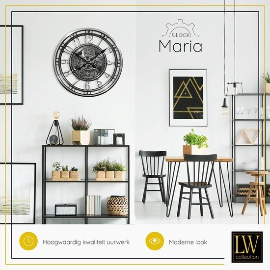 LW collection LW Collection wandklok zilver met draaiende tandwielen 54cm - Radar klok zilver met glasplaat - wandklok met bewegende wandwielen