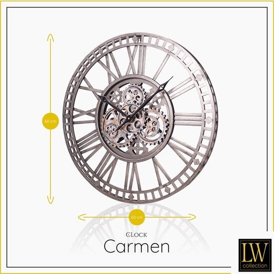 LW collection LW Collection wandklok met draaiende tandwielen Zilver 60cm - Radar wandklok Zilver - wandklok met bewegende wandwielen