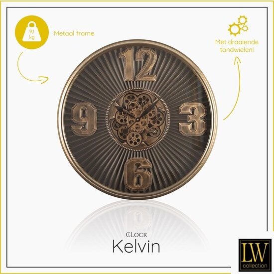 LW collection LW Collection wandklok met draaiende tandwielen brons bruin 80cm met glasplaat - Radar wandklok brons bruin - wandklok met bewegende wandwielen