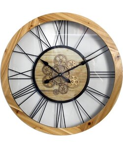 LW Collection wandklok met draaiende tandwielen bruin 65cm met glasplaat - Radar wandklok Zilver - wandklok met bewegende wandwielen