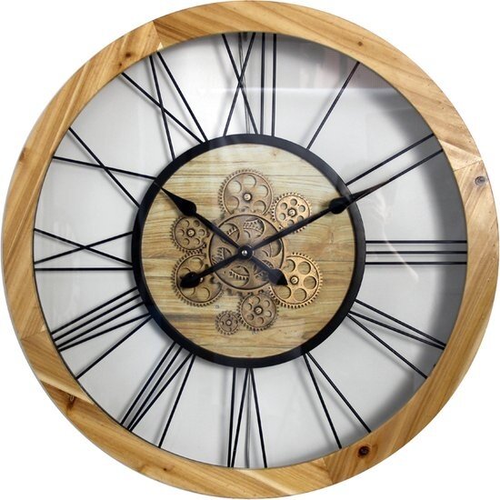 LW collection LW Collection wandklok met draaiende tandwielen bruin 65cm met glasplaat - Radar wandklok Zilver - wandklok met bewegende wandwielen